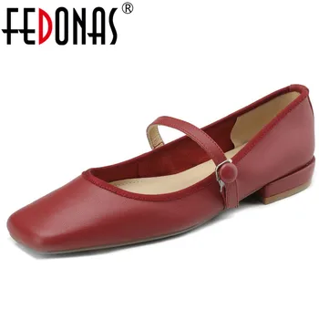 Дамски обувки-лодка FEDONAS от естествена кожа с квадратни пръсти, на нисък ток, Лаконичная мека дамски обувки Mary Janes, пролет-лято, Ежедневна работа