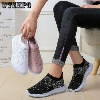 Дамски пролетни дишащи плетени обувки на платформа WTEMPO Shining Crystal върху плоска подметка, удобни дамски спортни обувки с мека, противоплъзгаща подметка