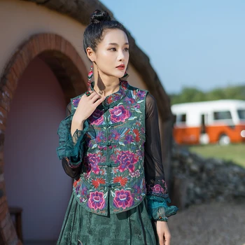 Жилетка за костюма, Тан с бродерия в национален стил, женски ретро случайни китайски жилетка, свободна яке без ръкави, дамски дрехи от Китай