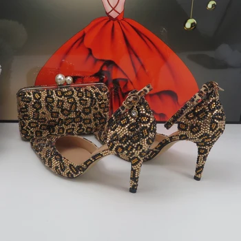Комплект сватбени обувки и чанти с пайети с леопардовым модел, кристални сандали, дамски официални обувки на висок ток, луксозни кристали