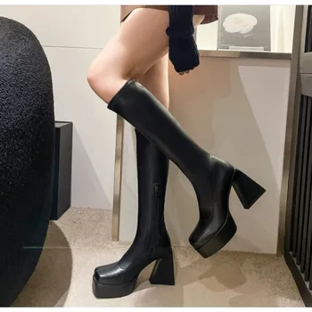 Черни, еластични ботуши до коляното на дебелите обувки за есенно-зимните партита в стил пънк на масивна платформа Дамски обувки за партита