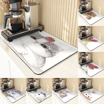 Кухненски подложка от диатомита в карикатура животинския стил, поставка за Чаши за ястия с принтом Котка, сушилня за съдове в кухнята, подложка за аксесоари