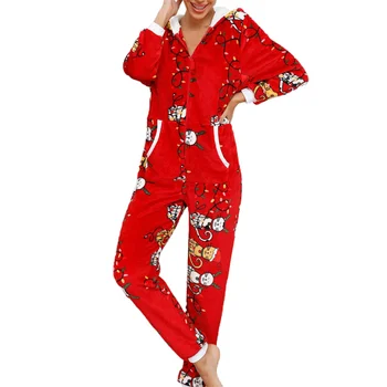 Дамска пижама с качулка и принтом Дядо Коледа, Домашно облекло, Дамски гащеризон с качулка с коледен дизайн, Фланелен пижами зимни
